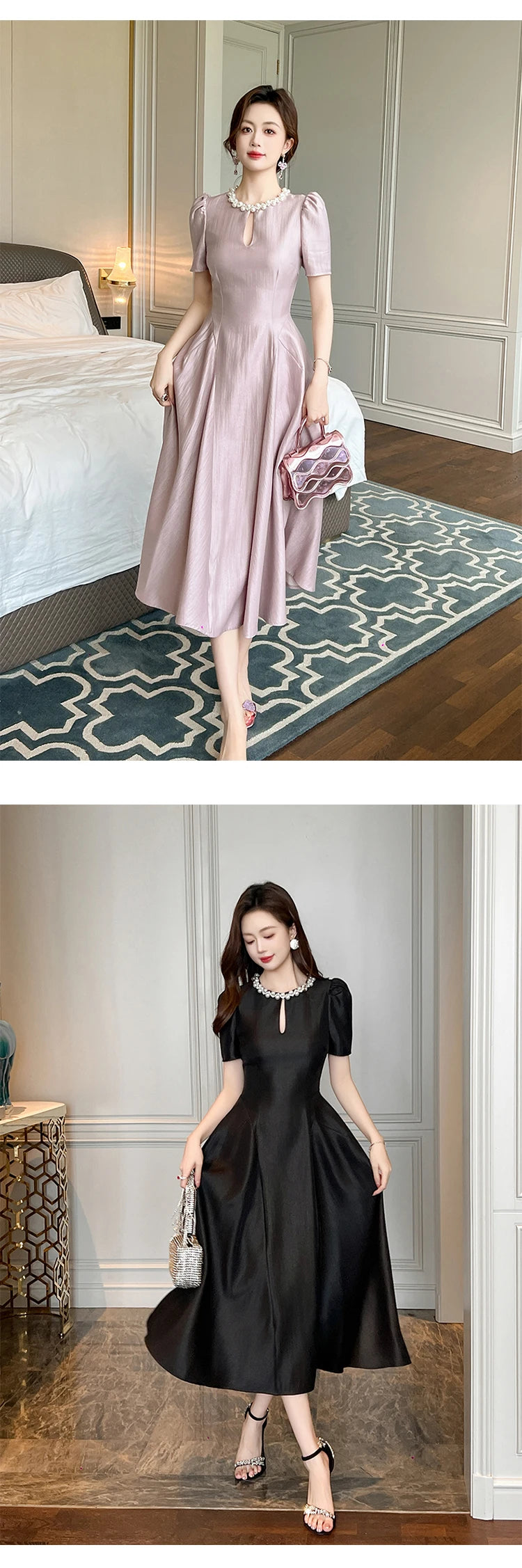 Elegant Host Evening Dress Women's French Vintage Sweet Pearl Hollow Folds Swing A-LINE Long Robe Party Catwalk Prom Vestidos