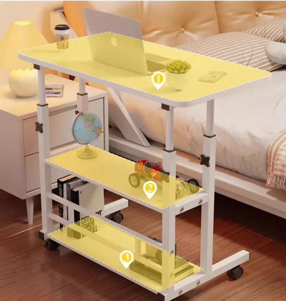 Three-layer Multifunctional Folding Desk with Wheels, Adjustable Height and Storage Shelves，Suitable for Bedroom, Outdoor Office
