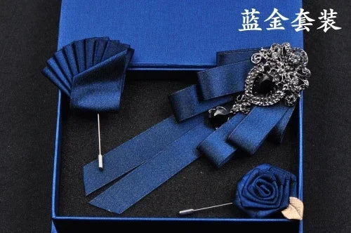 Fashion Handmade Bow Tie Wedding Collar Luxury Rhinestone Bowtie Necktie Brooch Pocket Towel Square Set Gift for Men Accessories