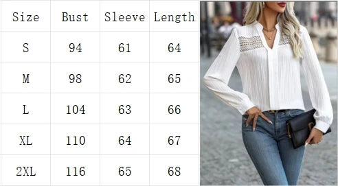 Elegant Office Lady White Shirt Women V-Neck Long Sleeve Lace Spring Autumn Work Clothes