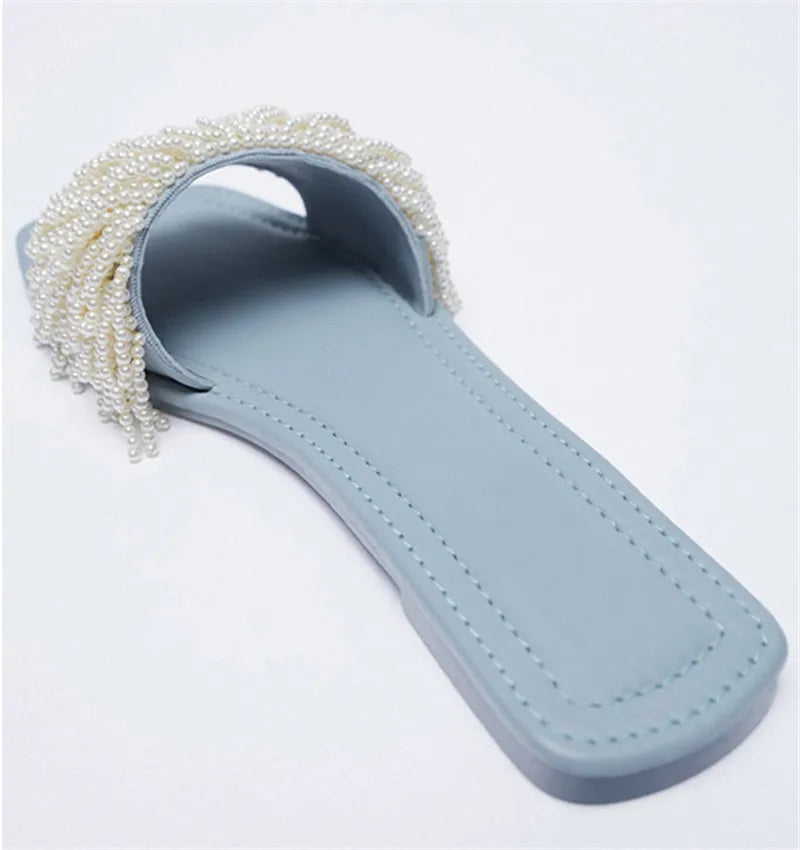 Pearl Beads Women Slippers Blue Flat Shoes Female Summer Outside Slides Ladies Casual Beach Slipper Handmade Gladiator Sandals