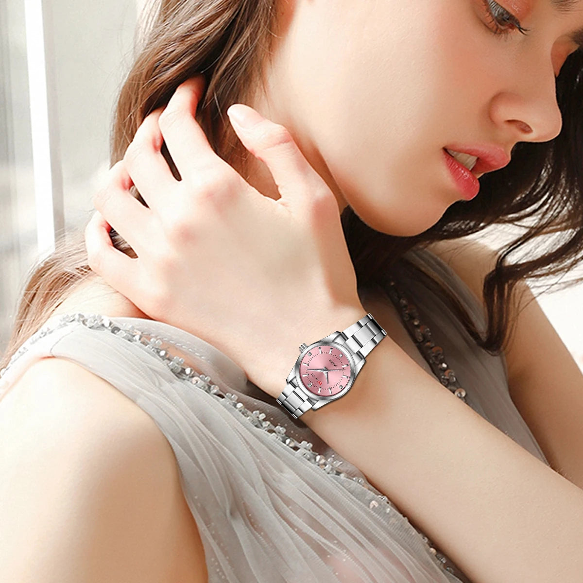 Damen-Uhr 2025: VA VA VOOM Luxury Women's Watch 29mm Fashionable Stainless Steel - Rhinestone Pink Minimalist Girl Clock Outdoor Travel Women Wrist Watches Collection