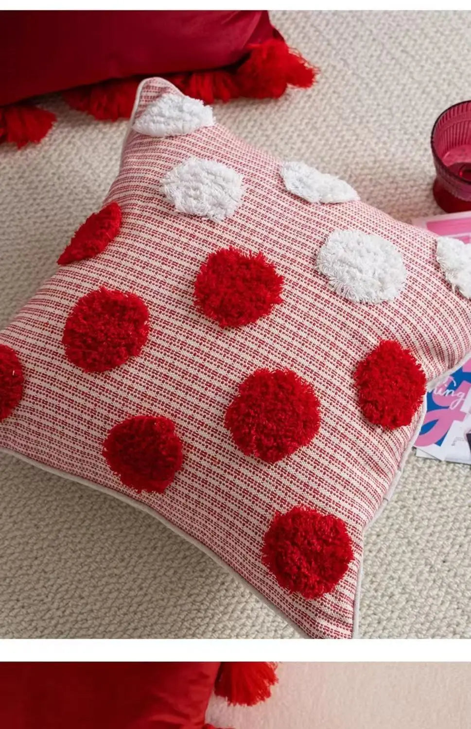 Modern Red Festive Cushion Cover Christmas Party Pillow Cover Decorative Polka Dot Tufted Tassel Velvet Pillowcase Home Decor