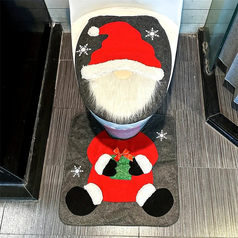 Santa Toilet Seat Cover Set 2PC, Christmas Bathroom Decor Santa on The Toilet Seat Cover and Mat for Xmas