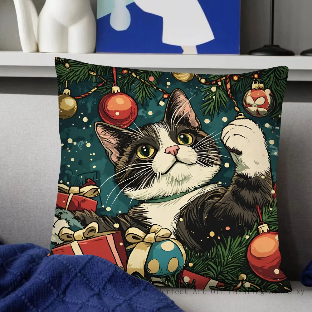 Christmas Cat Pillow Case Fashion Square Pillowcase Bedroom Sofa Room Ins Decoration Leisure Cushion Cover 40x40