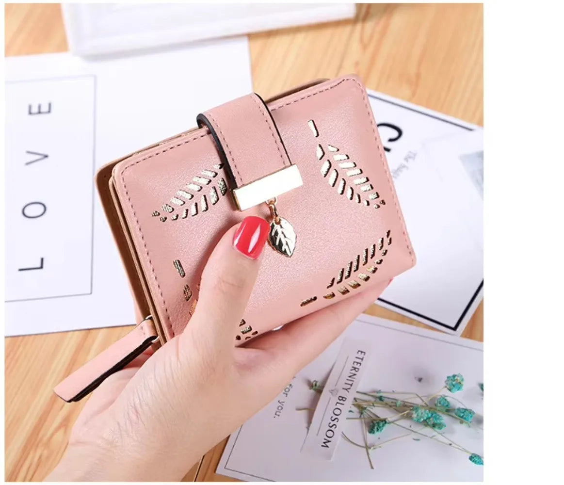 Luxus Frauen Geldbörse Leder Portemonnaie Kurz Reißverschluss Clutch Tasche Klein Ausgehöhlt Blätter Design Mode Marke Geldbörsen