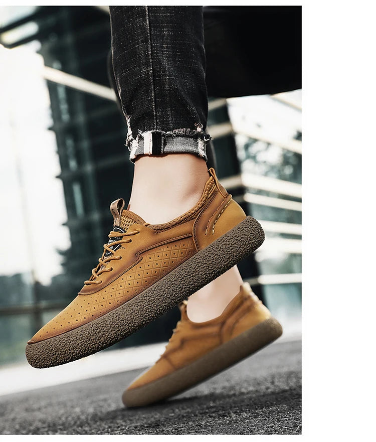 Sneakers for Men Comfortable Classic Outdoor Casual Skate Shoes Male Fashion Non-Slip Genuine Leather Skateboard Shoes Flats