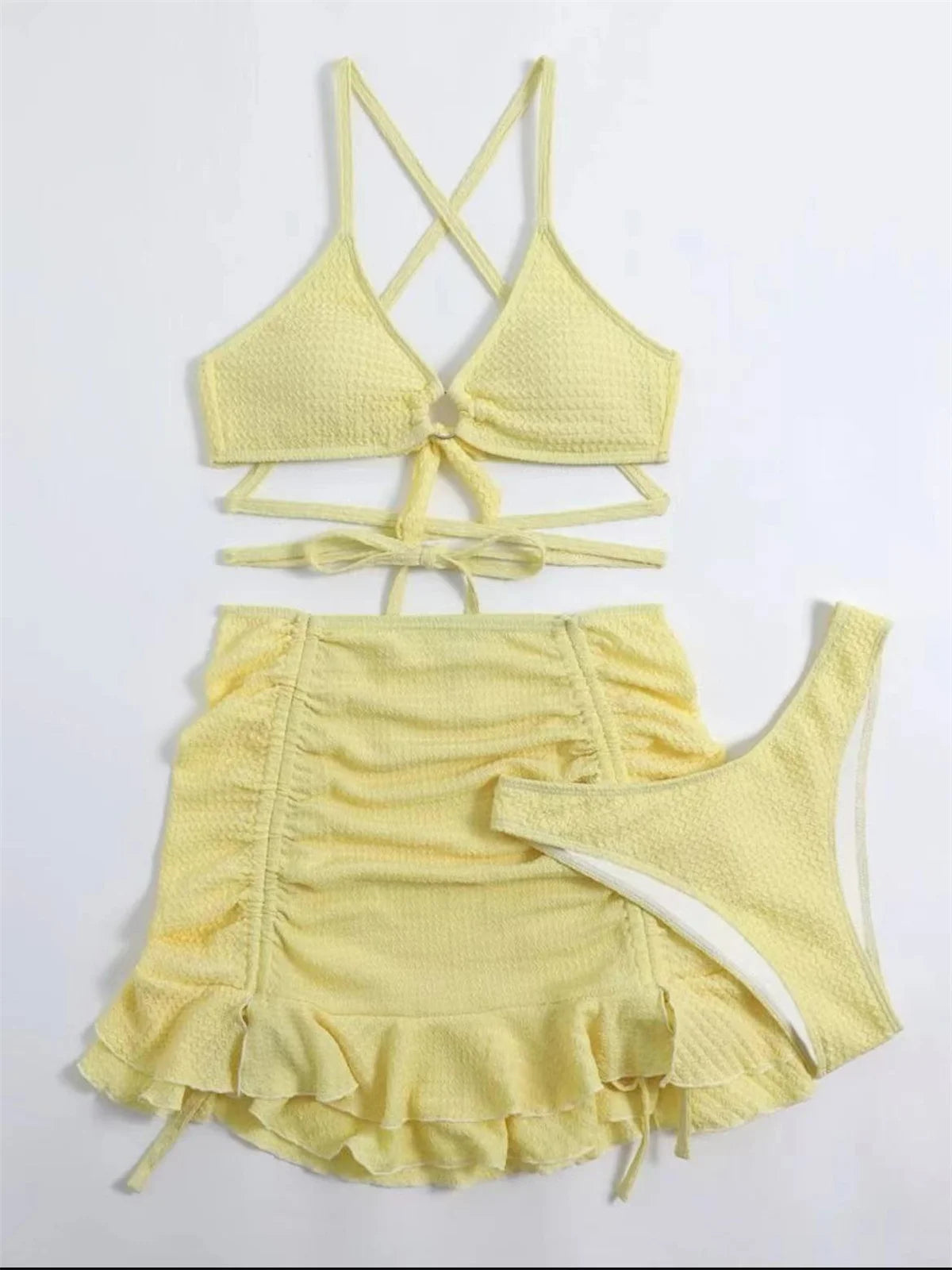 Elegant Gelber Bikini: Daxiyee Solid Halter Ring Wire-Free Low Waist - Criss Cross Cover Up 3 Teilig Rüschen Rock Office Lady