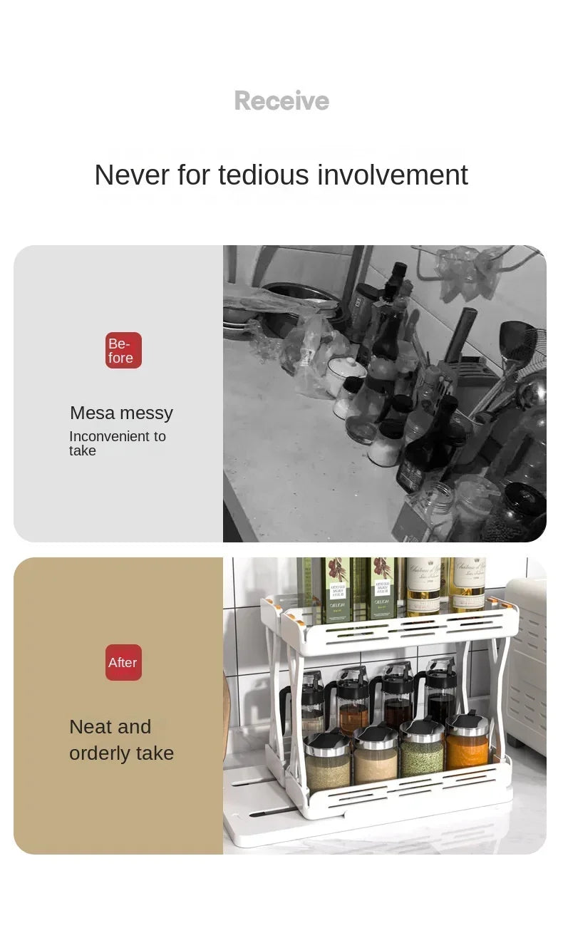 Kitchen Rotating Spice Rack 2 Tier Plastic Seasoning Spice Detachable Jar Storage Rack Pull Out Kitchen Cabinet Organiser