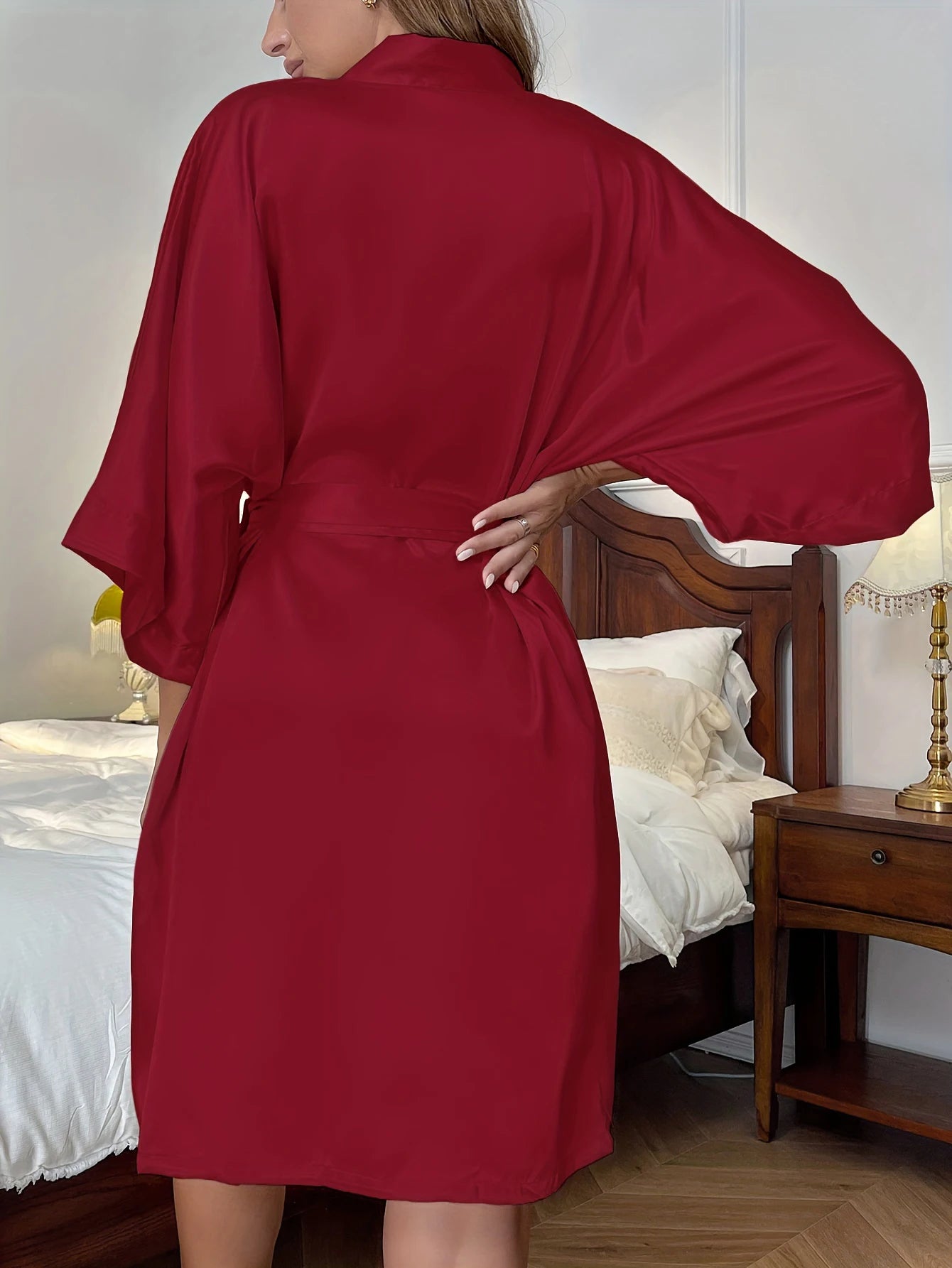 Elegant Women Silk Satin Robe V-Neck Backless Belted Short 3/4 Sleeve Loungewear All Seasons