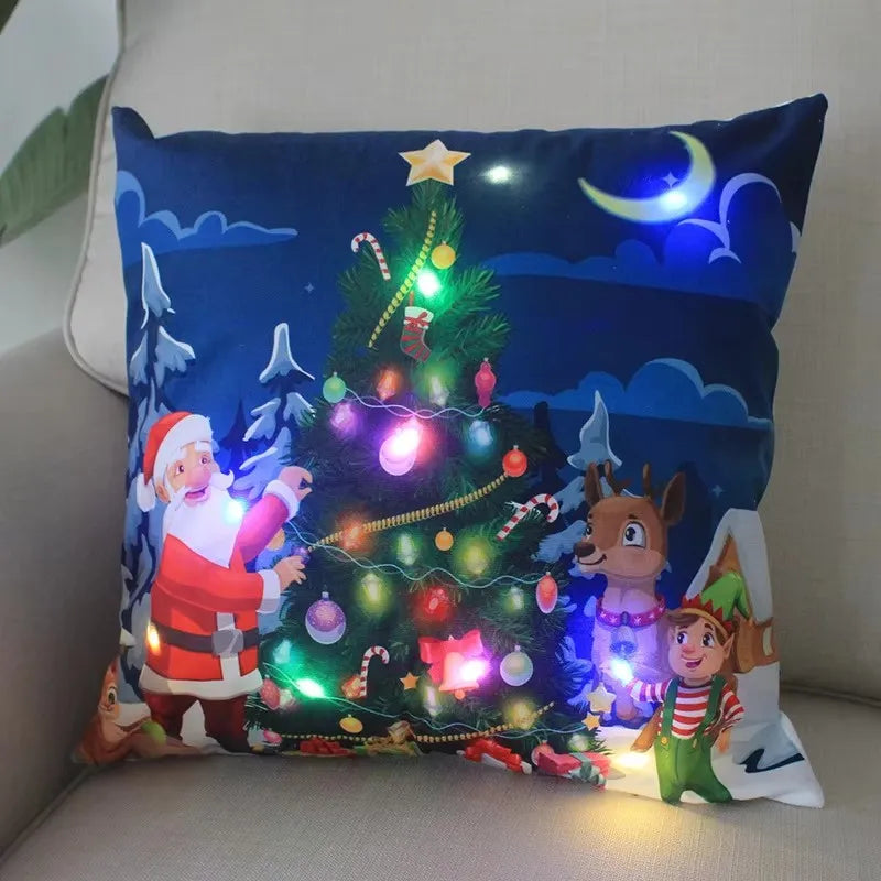 Cartoon Christmas Pillow Covers 18x18 inch LED Xmas Throw Pillows with Lights Christmas Decoration for Home Xmas Decor Kids Room