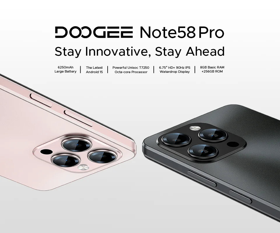 Global Version Doogee Note58 Pro Android 15 Smartphones 8Gb Ram 256Gb Rom 6250Mah Large Battery 6.75" Hd+ Display Nfc Cellphone