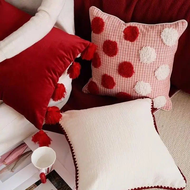 Modern Red Festive Cushion Cover Christmas Party Pillow Cover Decorative Polka Dot Tufted Tassel Velvet Pillowcase Home Decor