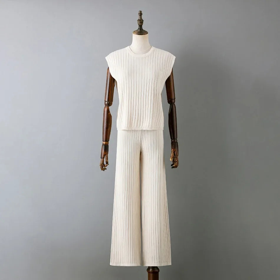 Elegant 2-Piece Sets for Women, Casual Knitting, Sleeveless, O Neck Tops, Loose Lace Up, Wide Leg Pant Set, Summer Fashion, New