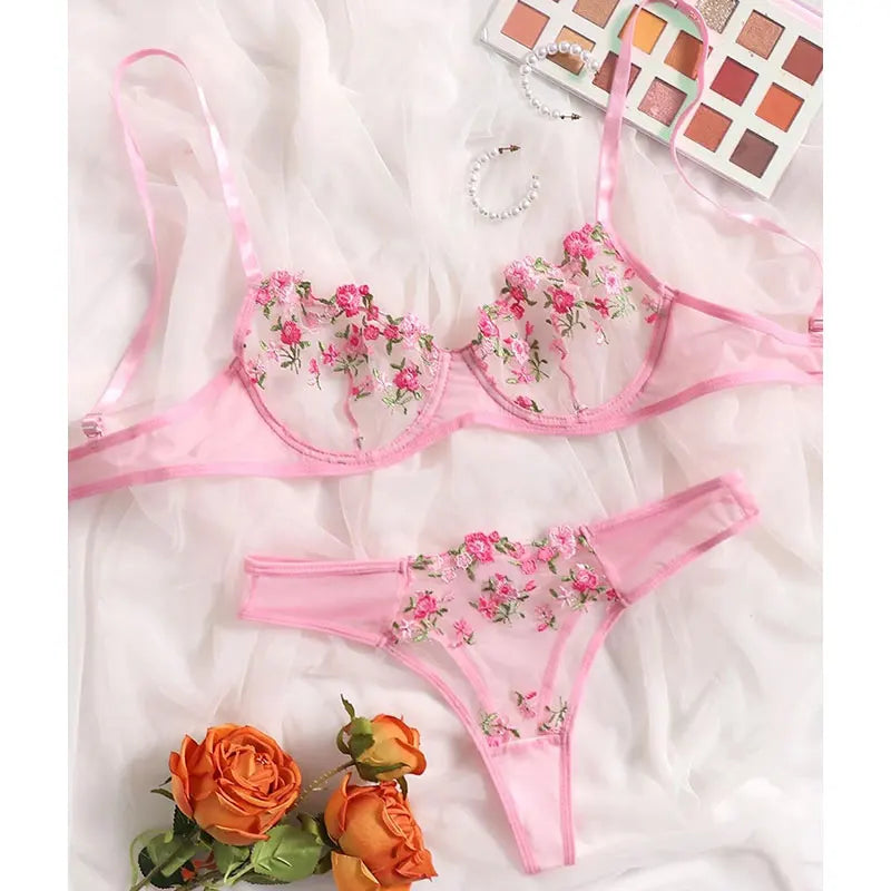 Fashion Embroidery Underwear Transparent Lingerie Sexy Floral Lace Short Skin Care Kits Delicate Fairy Set Woman 2 Pieces