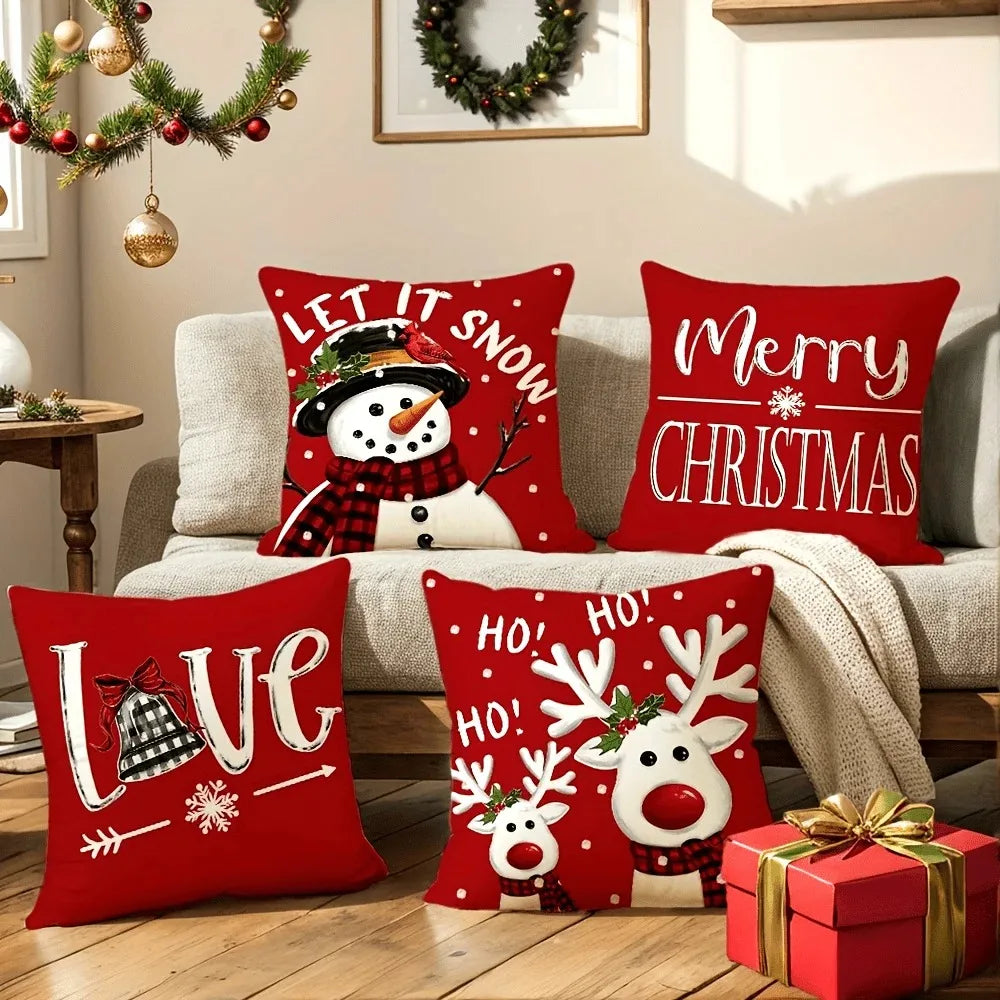 New Red Christmas Pillow Cover 45x45cm - Snowman & Deer Printed Holiday Cushion Case, Festive Xmas Decor for Living Room Sofa
