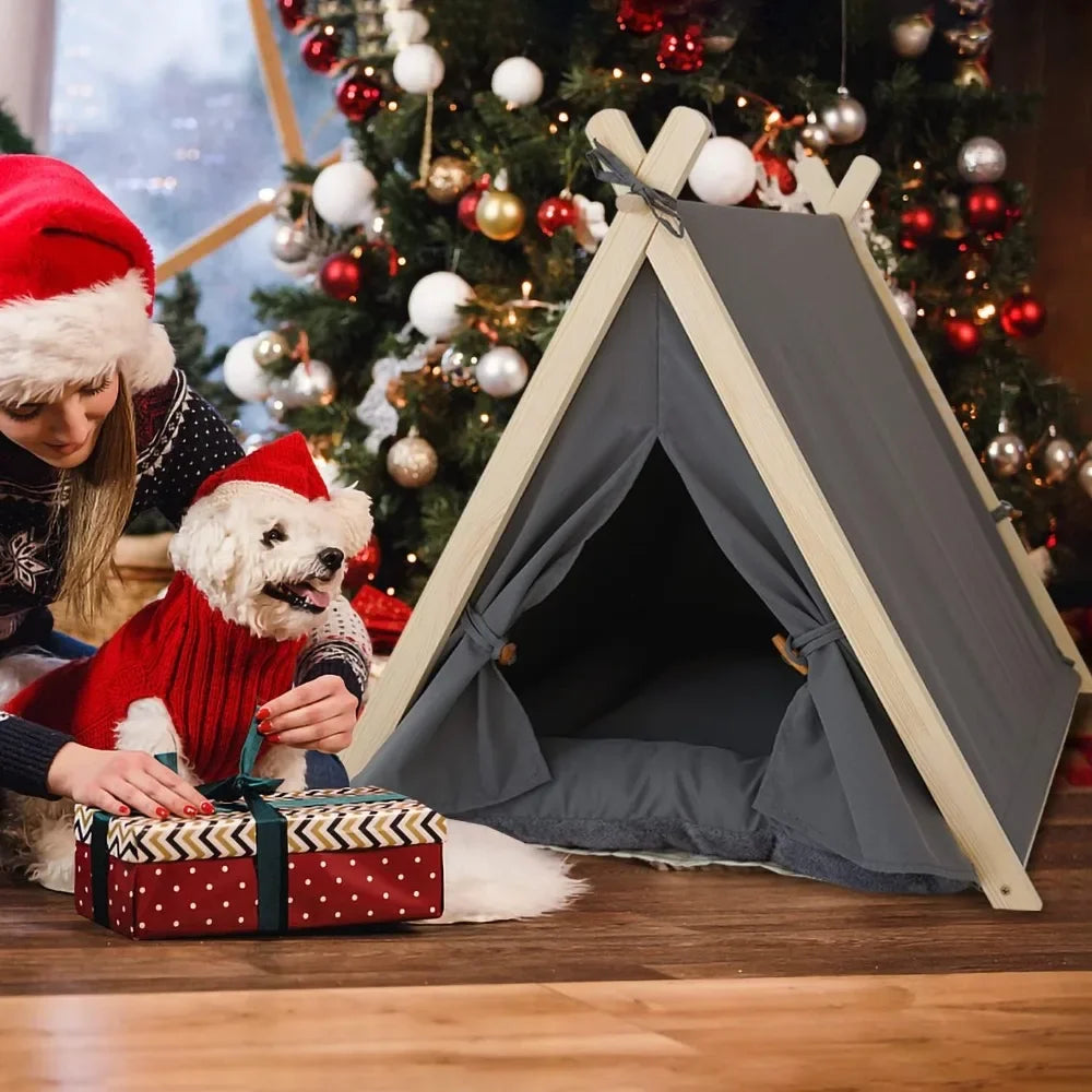 Pet Tent Nest Removable and Easy To Wash with Thick Soft and Comfortable Pad Warm Wooden Tent Bed Suitable for Cats and Dogs