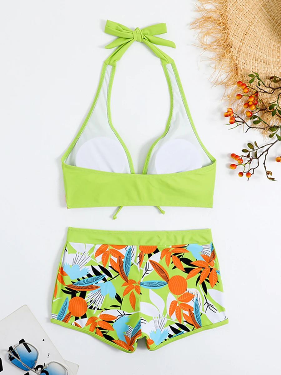 Halter Bikini Set Kurzer Schwimmanzug Frauen High Waist Bedruckte Bademode