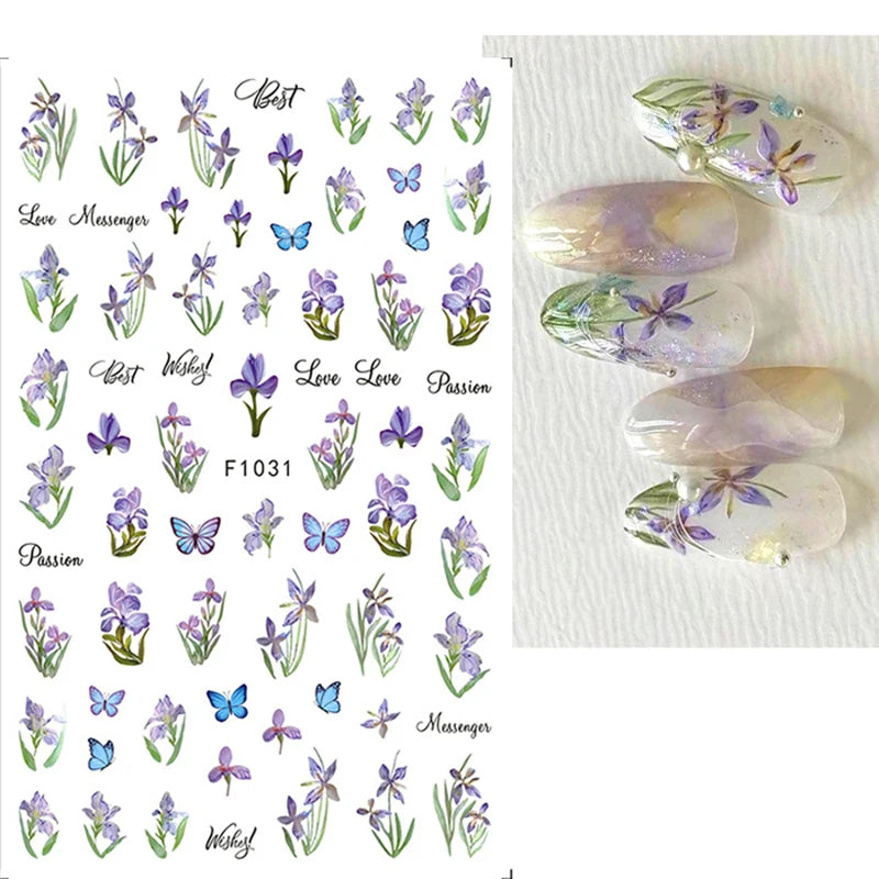 New Spring Fresh Flowers Butterfly 3D Nail Stickers Colorful Laser Butterflies Geometric Pattern Stickers Nail Decoration 1PCS