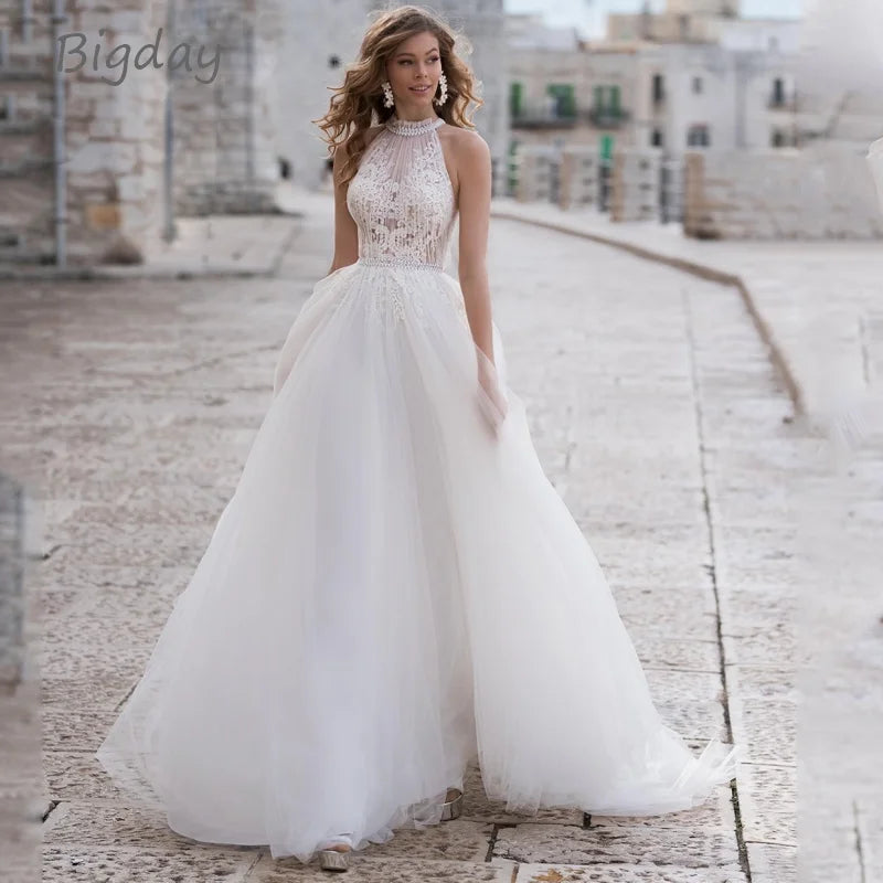 Elegant A-Line Wedding Dress For Women 2025 Halter Lace Applique Sleevless Bridal Gown Train Tulle Vestidos De Novia Customized