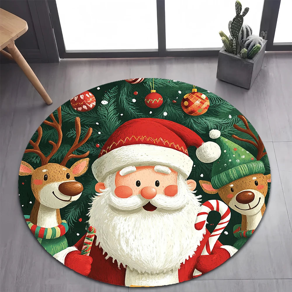 Cute Santa Claus Merry Christmas Tree Cartoon Festival Gift Round Carpet Rug for Bedroom Living Room Decoration,Decor Floor Mat