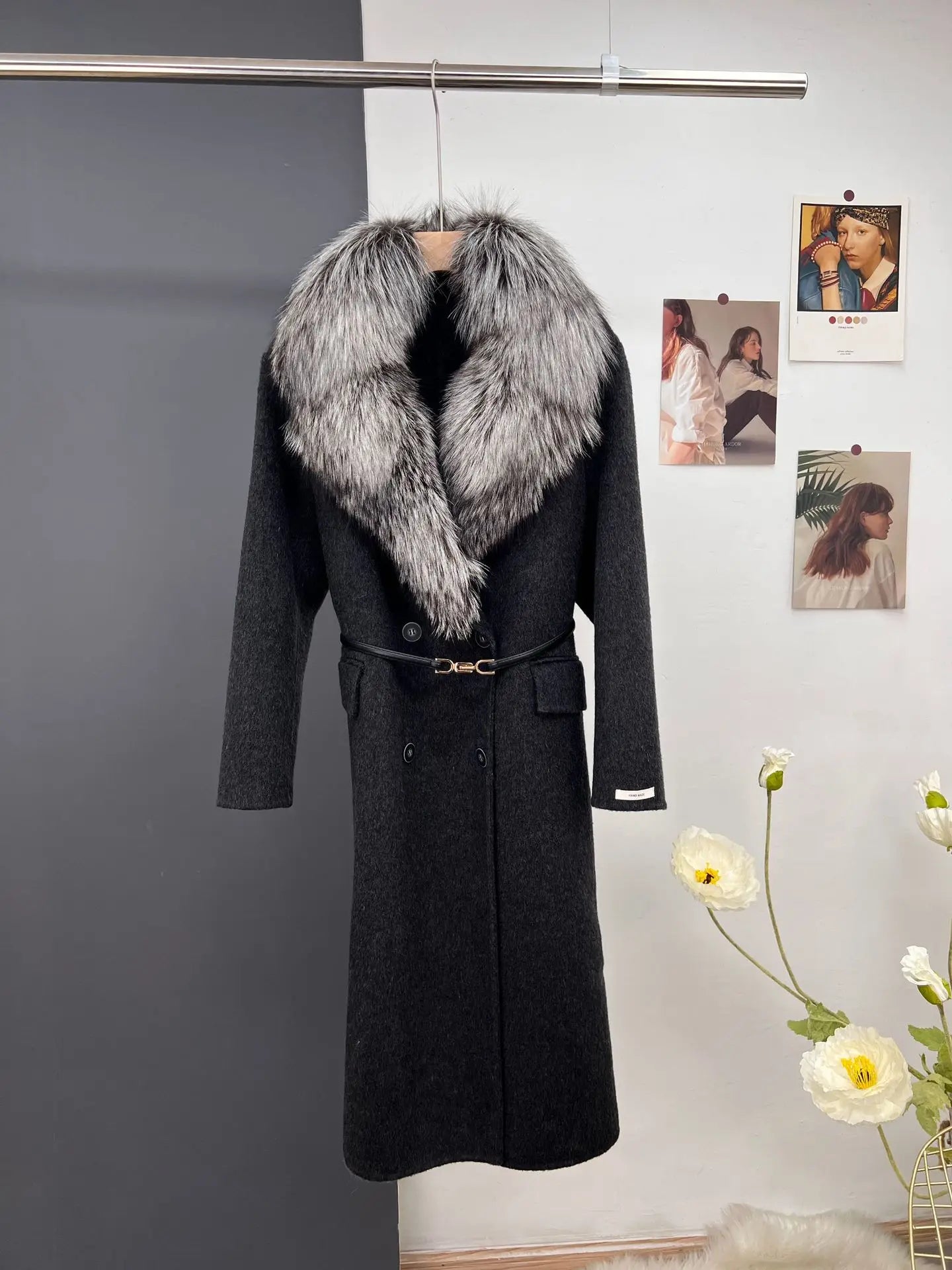 women's luxury wool coat  long patchwork design with detachable fox fur