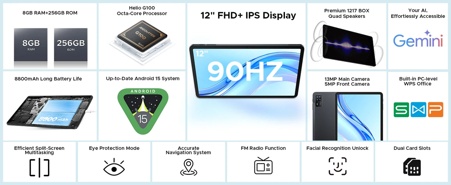 DOOGEE Tab E3 Gemini AI - 12 Zoll Display, 8800mAh Akku, Helio G100