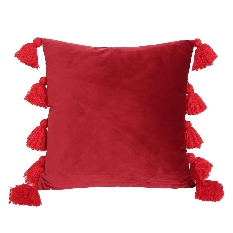 Modern Red Festive Cushion Cover Christmas Party Pillow Cover Decorative Polka Dot Tufted Tassel Velvet Pillowcase Home Decor
