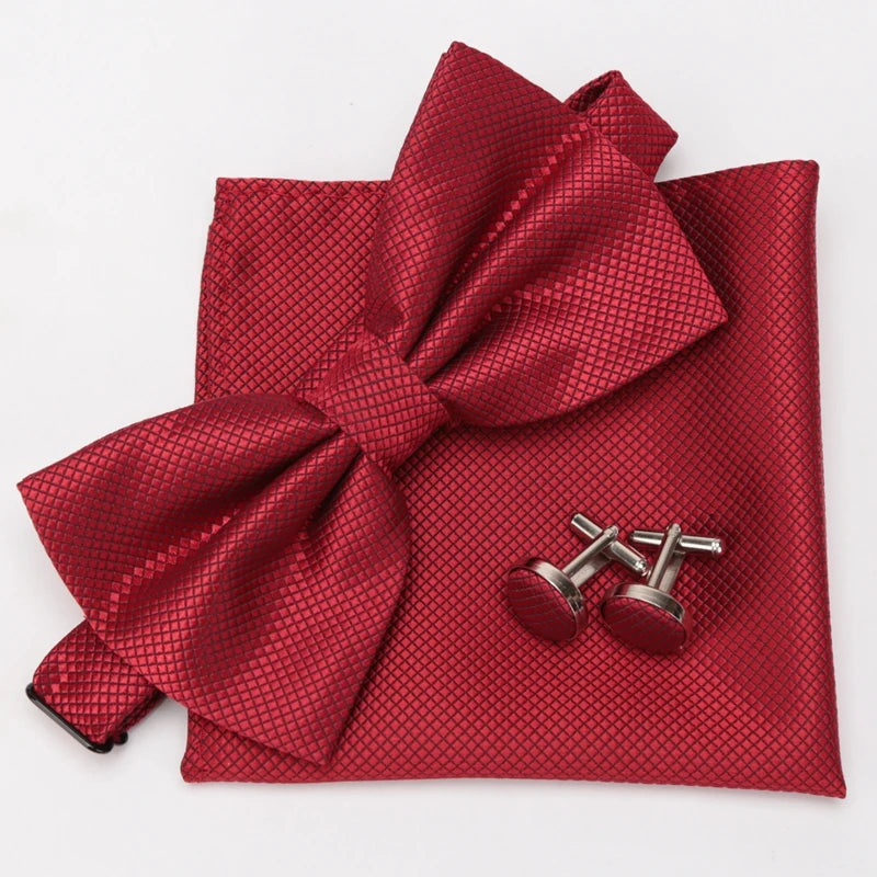 Men Bowtie Set 3pcs Plaids Classic Fashion Wedding Party Formal Cufflinks Bow Tie Handkerchief Cuff Links Lots Three Piece Set
