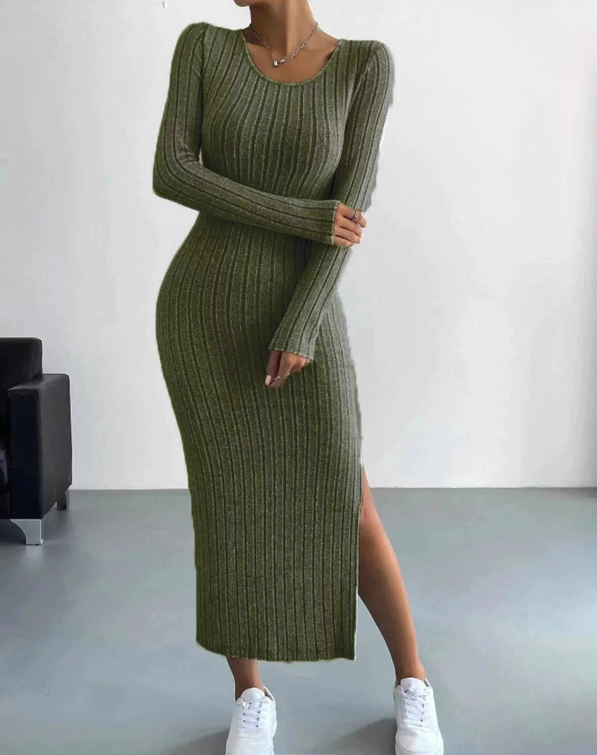 Damen Kleid 2025 - Casual Elegant Women Dresses Autumn Winter Long Sleeve Round Neck Split
