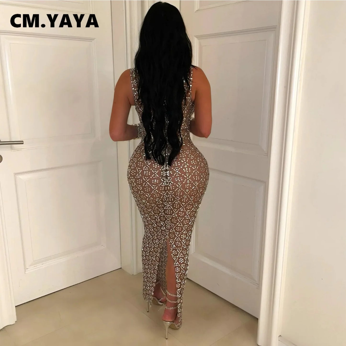 Damen Kleid 2025 - CM.YAYA Summer Sleeveless Rhinestone Long Dress Mesh Fashion Evening