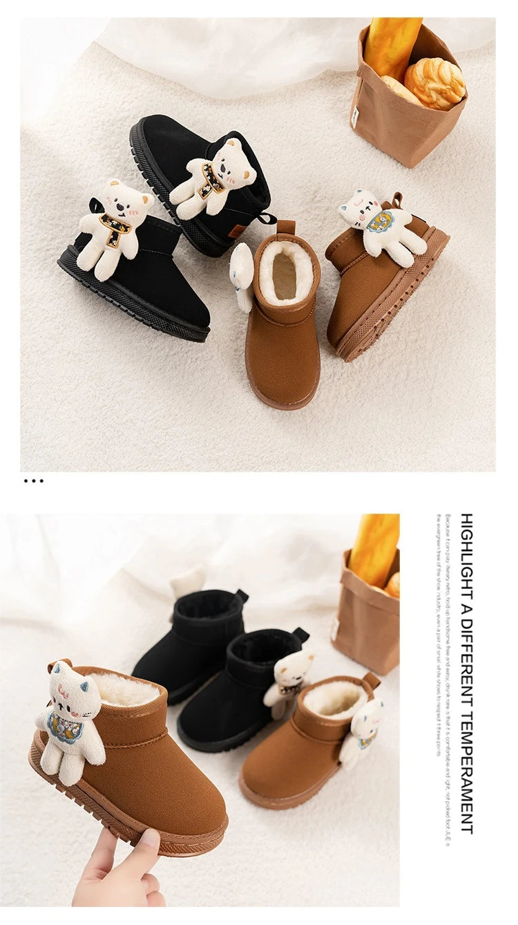 Kinder-Schneestiefel mit niedlichen Bären, Kinder-Stiefeletten, vielseitige Mode, 2025, Winter, neue warme Stiefel für Jungen und Mädchen, dickes Fell, rutschfest