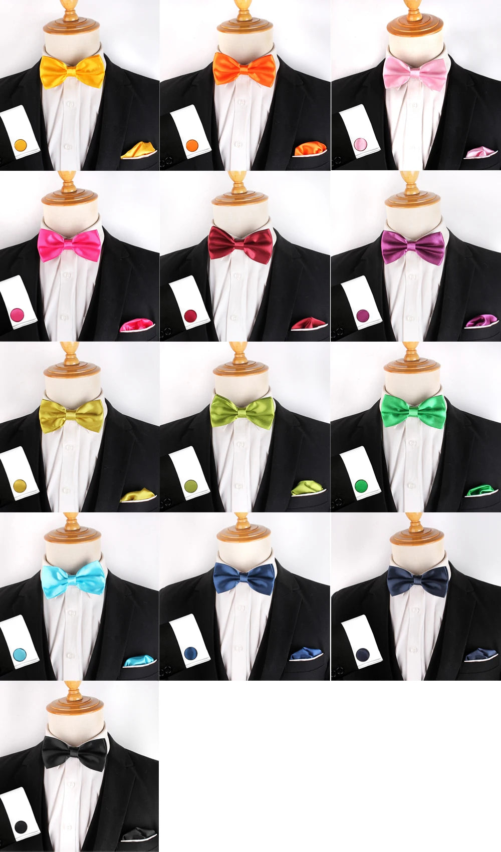Solid Colors Polyester Adjustable Men's Accessory Set Elegant Pre-Tied Bow Tie Matching Pocket Square & Cufflinks for Wedding