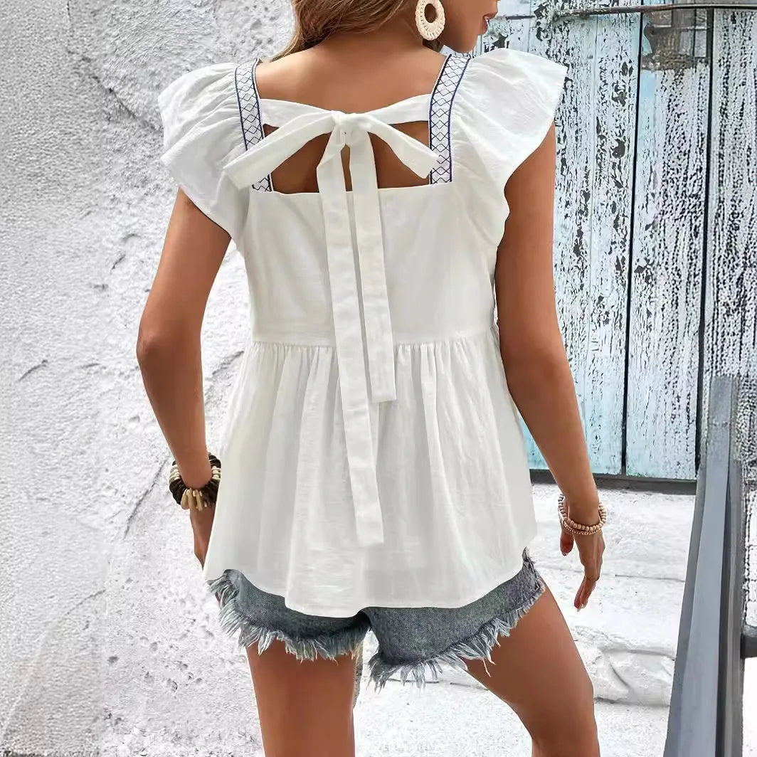 White Floral Embroidered Square Neck Peplum Blouse Shirts For Women Vintage Flying sleeves Casual Summer Boho Beach Ladies Tops