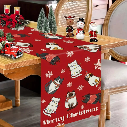 1 Cute Christmas Cat Table Runner with Snowflakes and "Meowy Christmas" Text Pattern, Suitable for Christmas Family Banquets