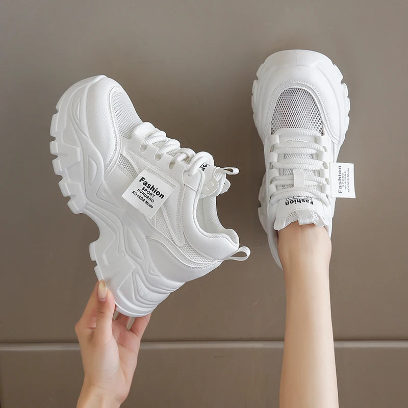 Whiet Breathable Chunky Sneakers Woman 2025 Spring Thick Platform Casual Sneakers Women Non Slip Lace Up Sports Shoes Female