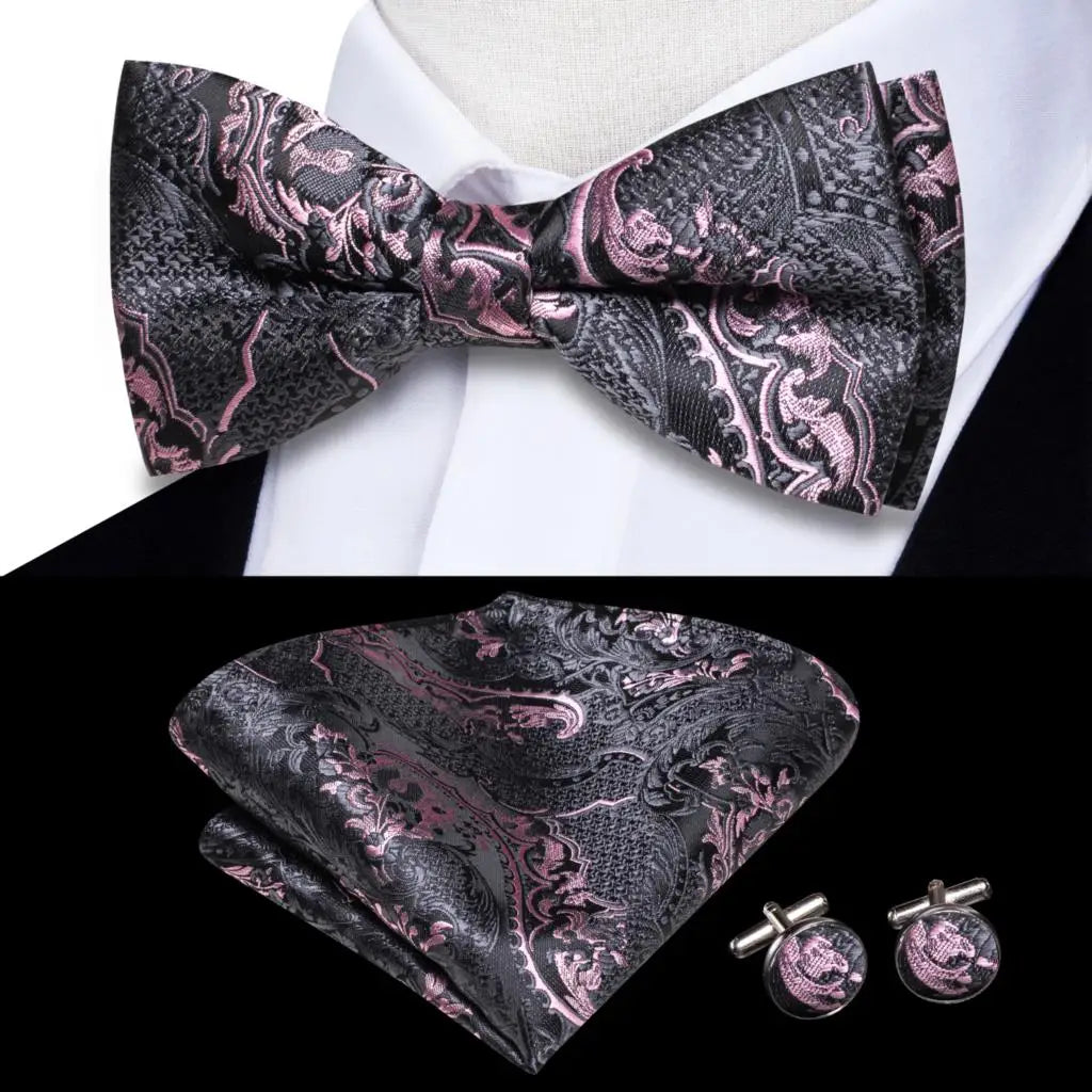 Hi-Tie Silk Mens Bow Tie Pocket Square Cufflinks Set Peach Pink Salmon Pre-tied Butterfly Knot Bowtie for Male Wedding Business