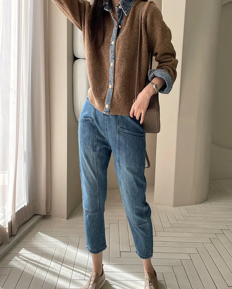 BigLargiCN Strickcardigan Herbst Denim Patchwork Damen Korean Stil - Gewicht 120–220 g/m² Länge Regular Lockere Passform