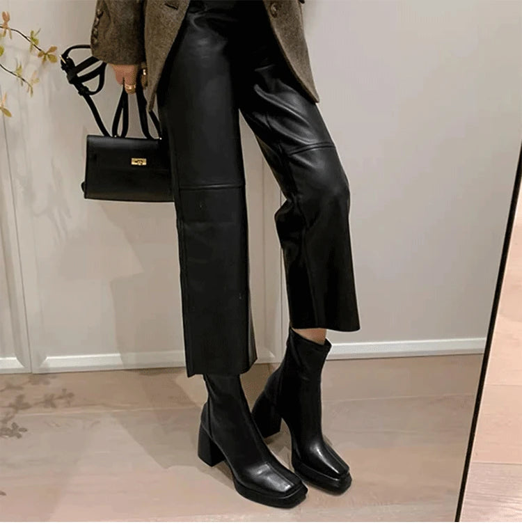 Ohmmayby Vintage Square Toe Damen Stiefeletten Mit Reißverschluss Hinten - Größe EU 37-41, Absatzhöhe 5-8 cm, Knöchelhöhe