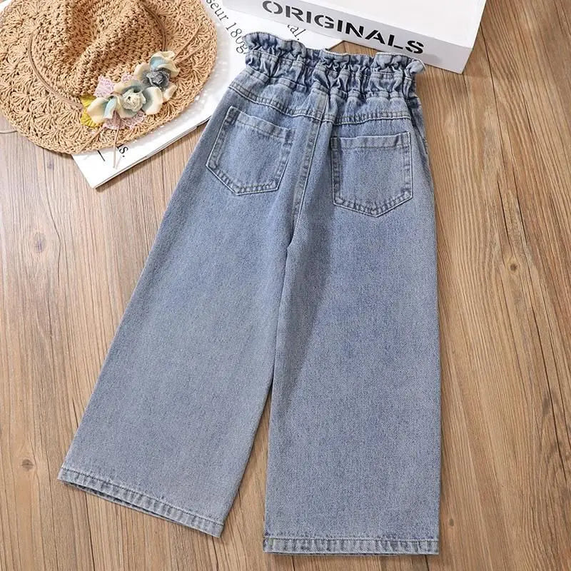 Girls' Wide-Leg Jeans Versatile Style 2023 Fashionable Big Kids Leisure Pants Spring And Autumn Girl Loose Double Waist Trousers