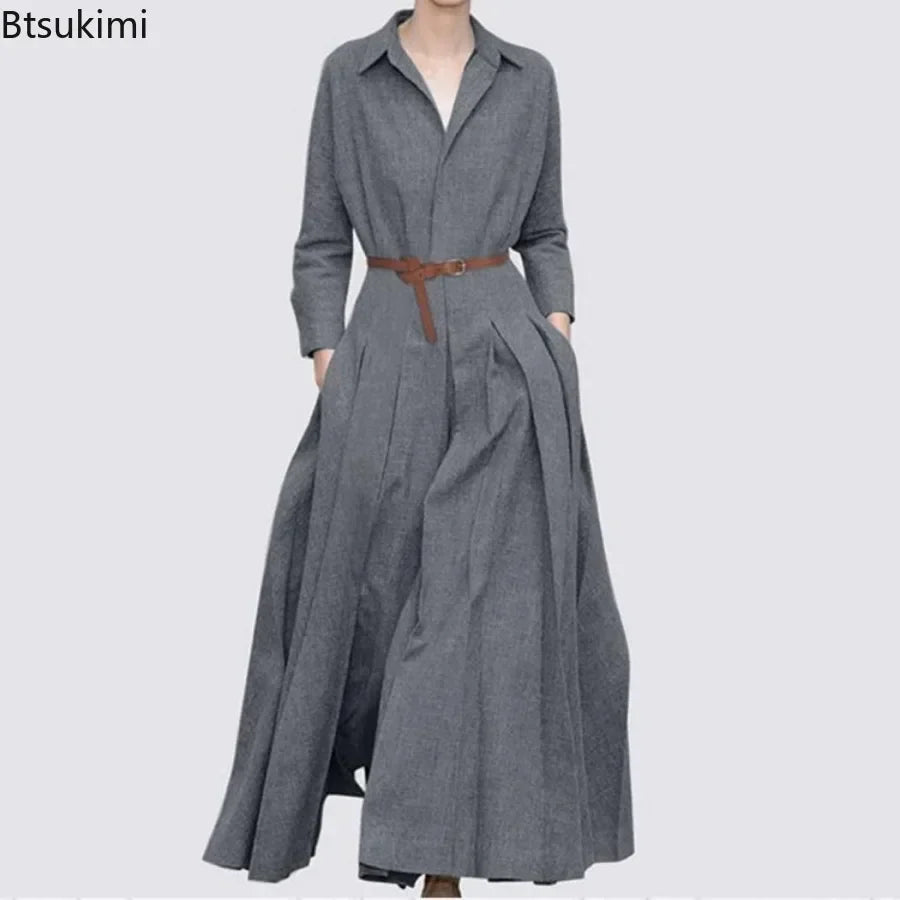 Elegant Shirt Dress for Women Fashion Lapel Temperament Long Dress Spring Autumn New Casual Office Ladies Maxi Dress Modest Robe