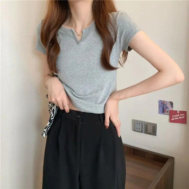 Damen Crop Top 2025 - Summer Short T-shirt V-neck Solid Color Slim High Waist