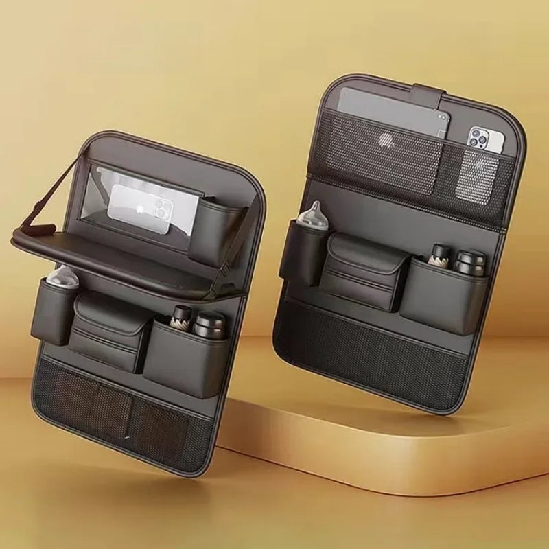Car Seat Storage Bag Auto Back Seat Back Organizer with Foldable Table Tray PU Leather Tablet Holder Tissue Box Car Accessories