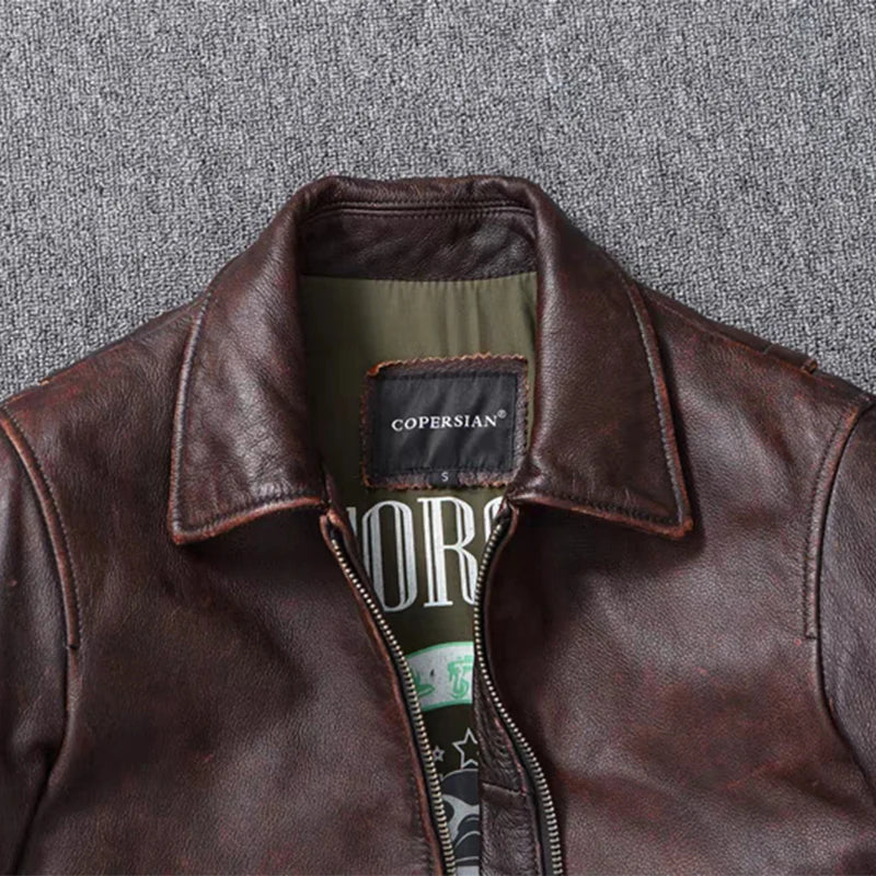 New Men's Genuine Leather Jacket Vintage Stone Milled Top Layer Cowhide Bomber Jacket A2 Brown Men's Calfskin Motorcycle Jacket