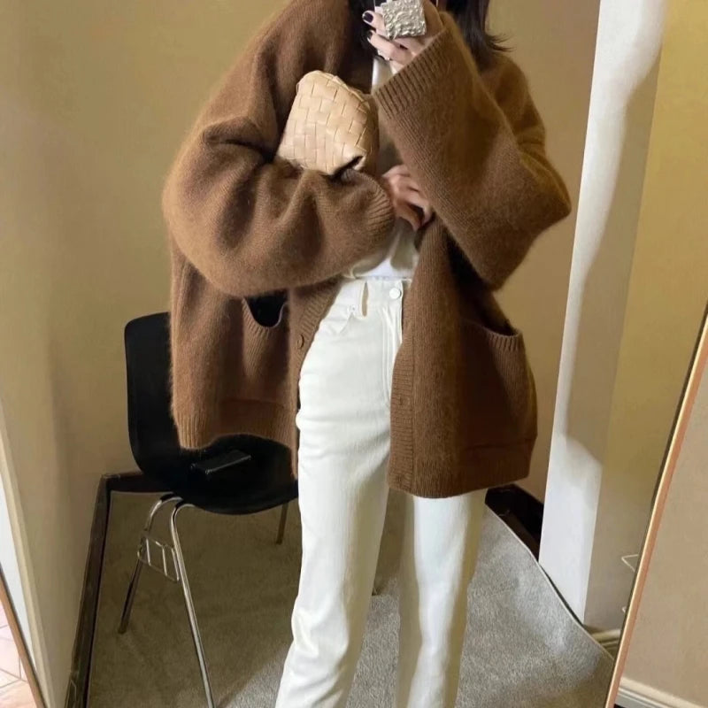 Jielur Damen V-Ausschnitt Strickjacke Mit Knopfleiste - Größe M, Material Polyester Baumwolle, Länge Regular