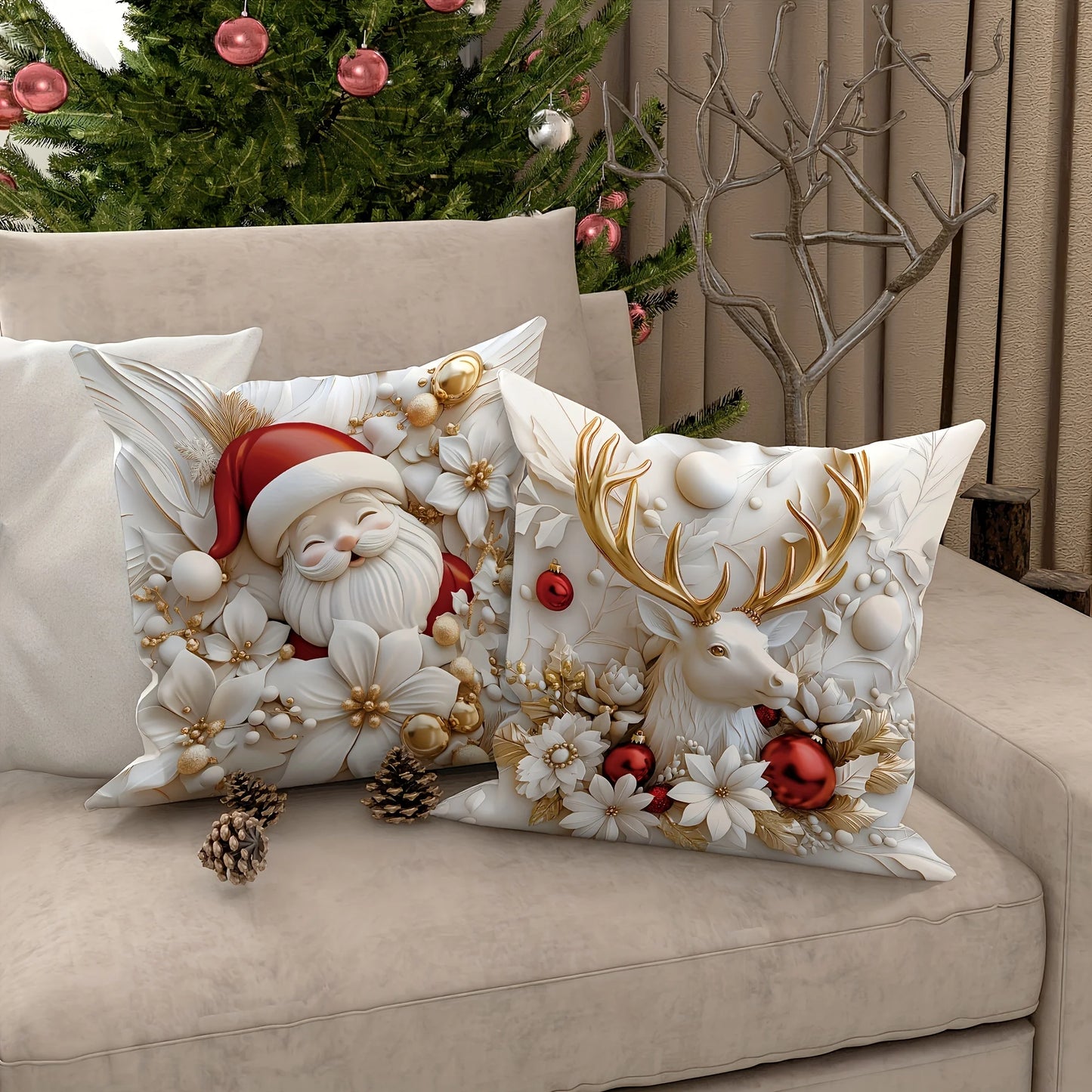 4PCS Set of Holiday Velvet Christmas Pillow Covers with Santa Claus, Snowman, Reindeer, and Poinsettia - Without Lining
