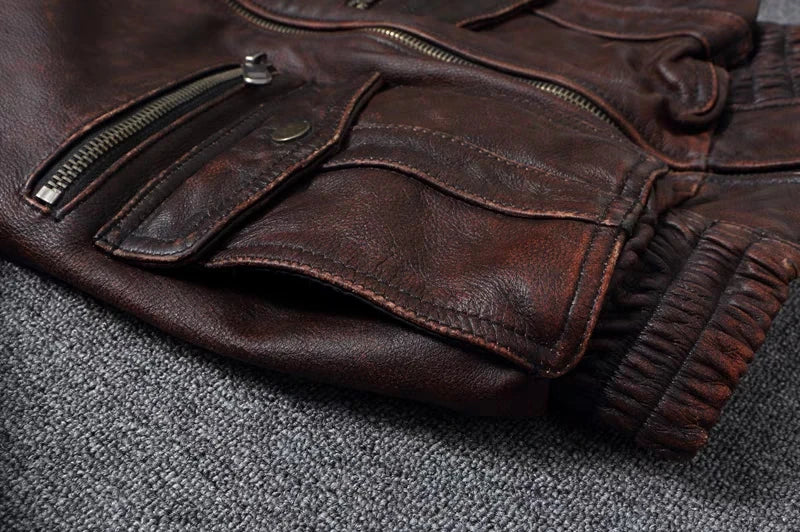 New Men's Genuine Leather Jacket Vintage Stone Milled Top Layer Cowhide Bomber Jacket A2 Brown Men's Calfskin Motorcycle Jacket