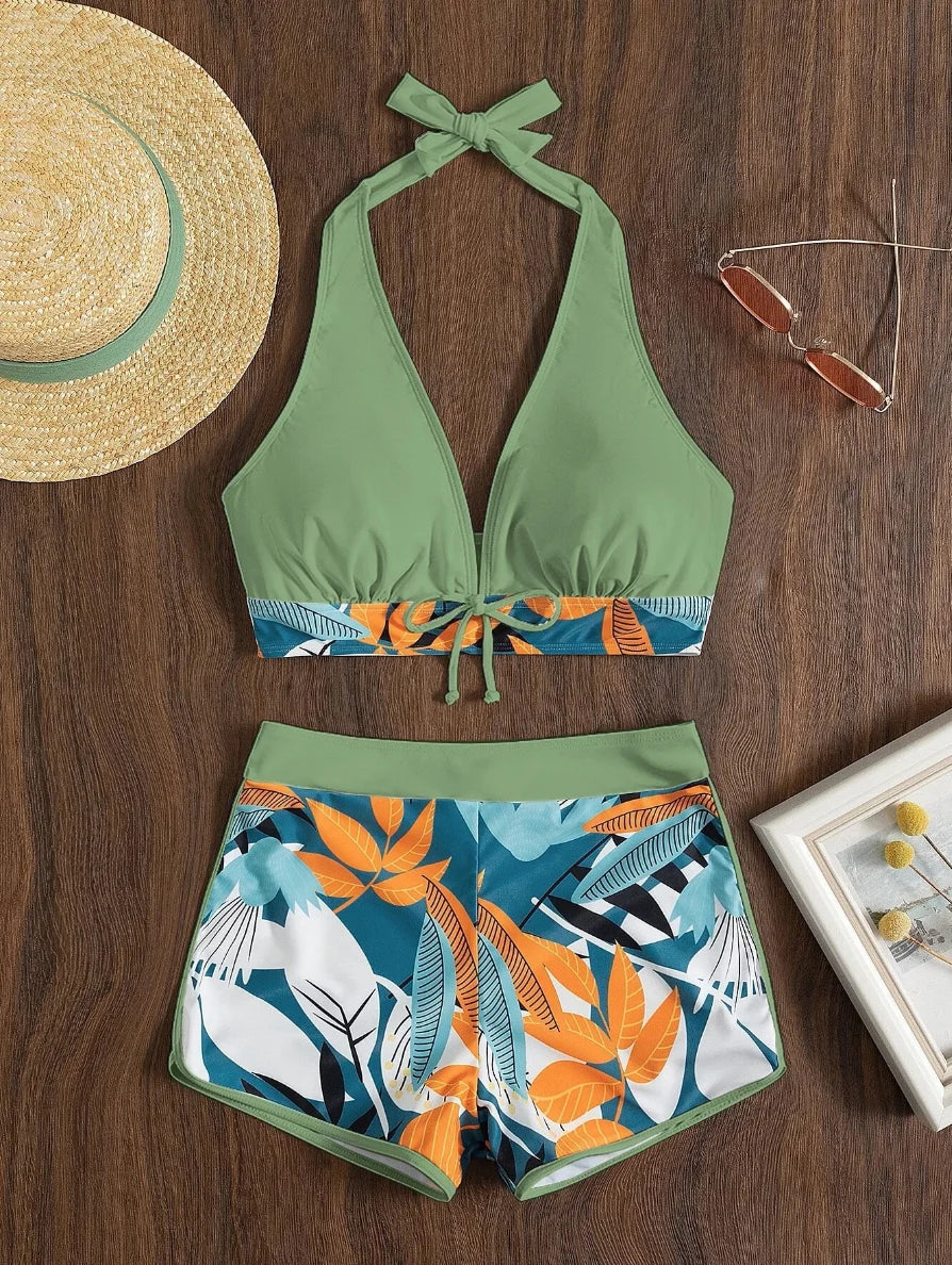 Halter Bikini Set Kurzer Schwimmanzug Frauen High Waist Bedruckte Bademode