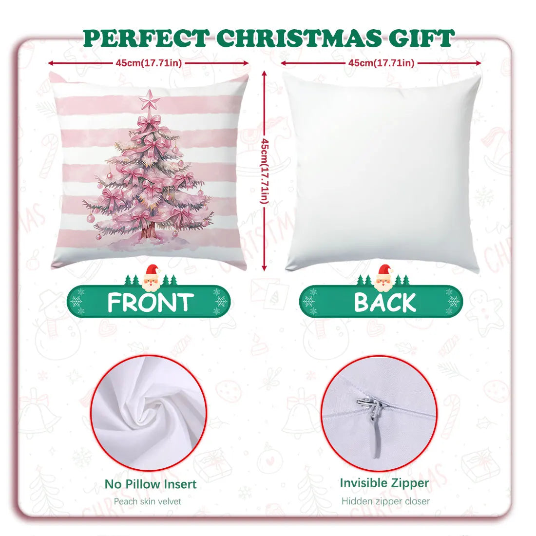 45 * 45cm Pink Christmas Throw Pillow Cover Pink Striped Snowman Christmas Tree Cane Santa Claus for Home  Sofa Cushion Cover
