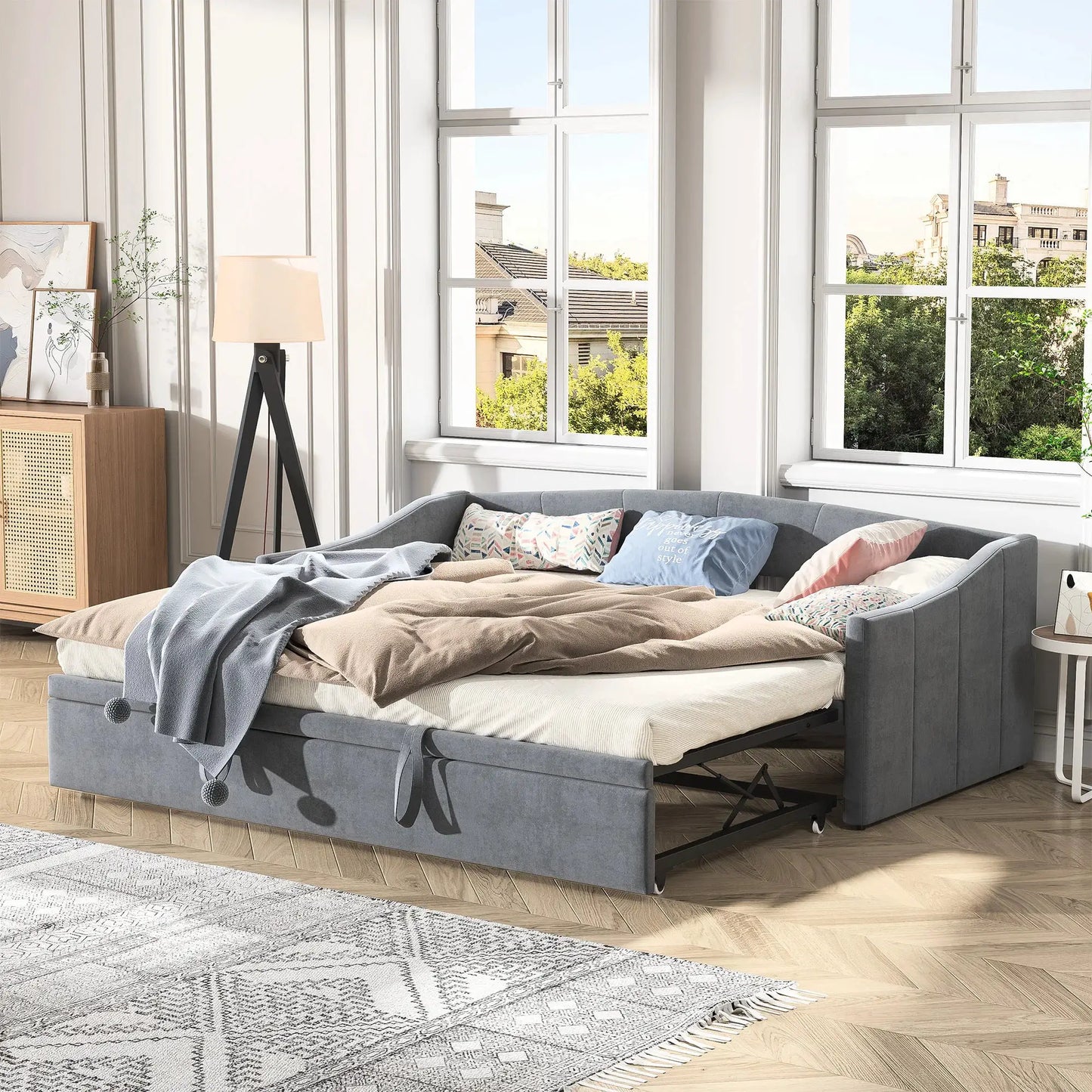 Schlafsofa Ausziehbar Mit Samtbezug Und Rückenlehne Grau